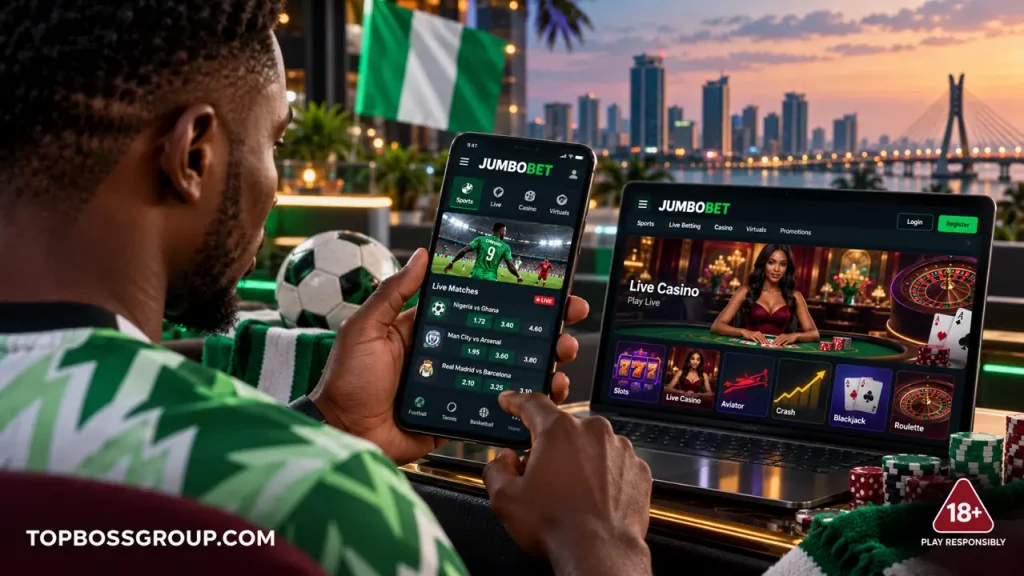 JumboBet sportsbook and casino review illustration with football and live casino screens