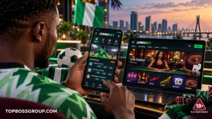 JumboBet sportsbook and casino review illustration with football and live casino screens
