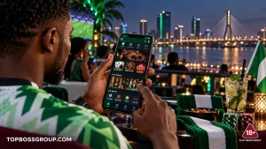 Mobile casino games displayed on a smartphone against a Nigerian city skyline