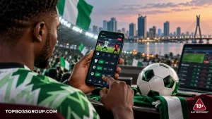 Nigerian football supporter viewing live sports betting odds on a smartphone